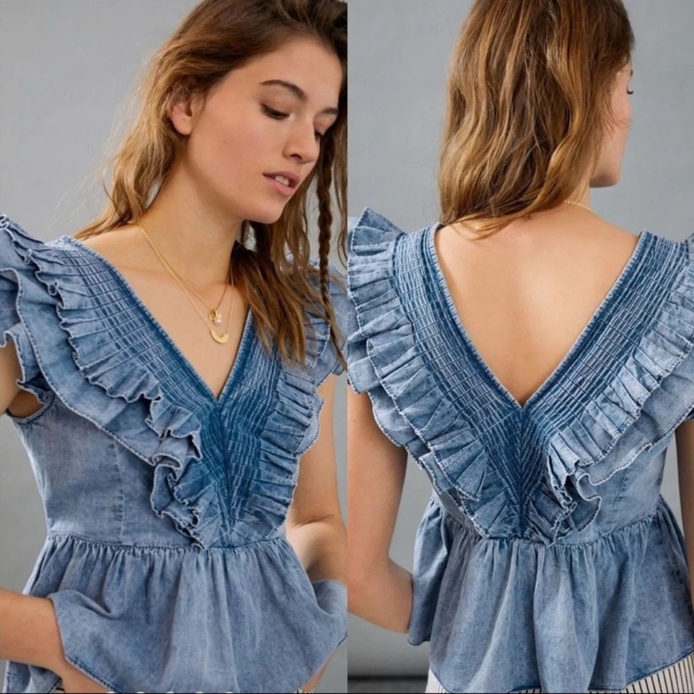 Mare Mare x Anthropologie Chambray Ruffled Blouse size medium